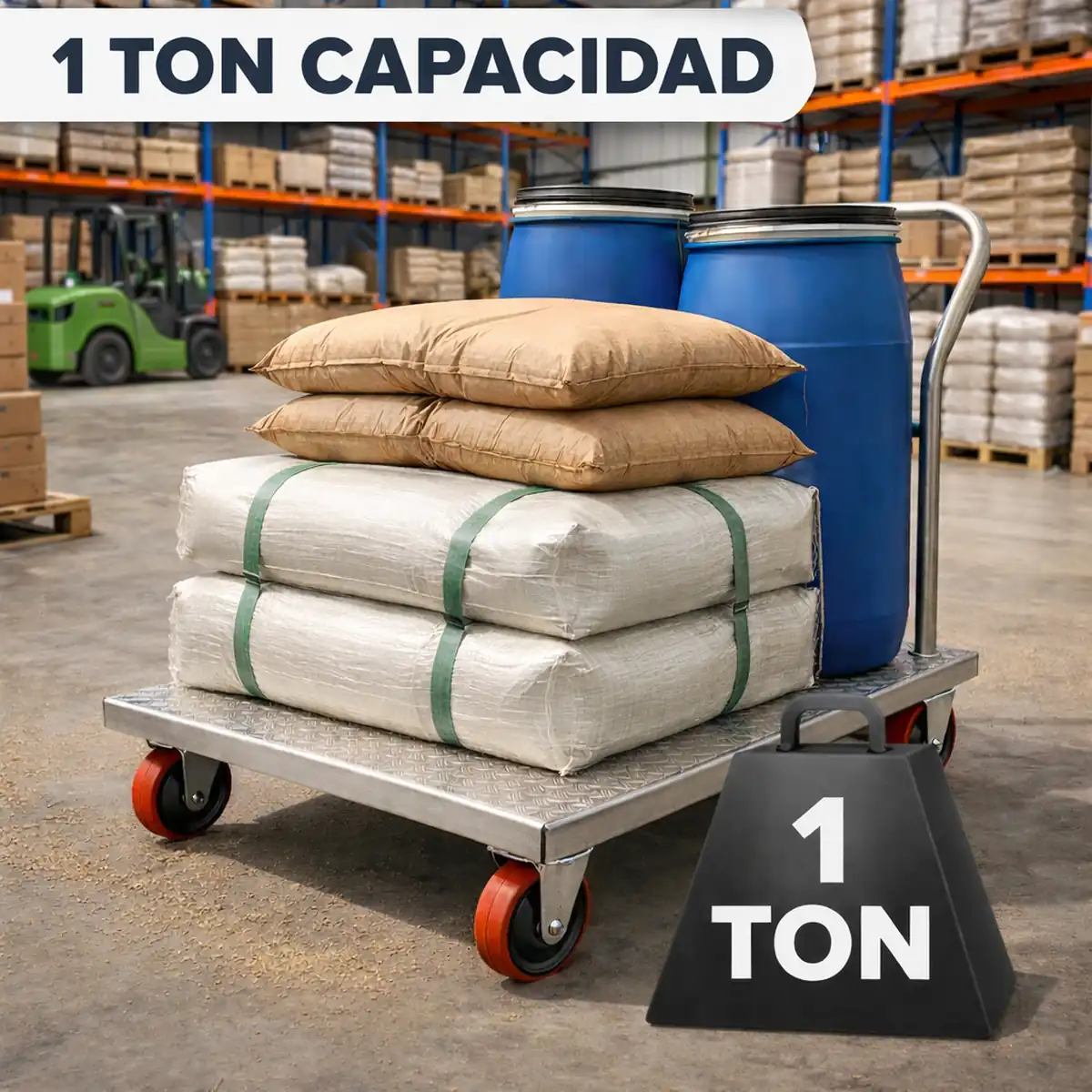 Carro de plataforma industrial con capacidad de carga de 1 tonelada, utilizado para transporte de materiales pesados en almacenes y operaciones logísticas.