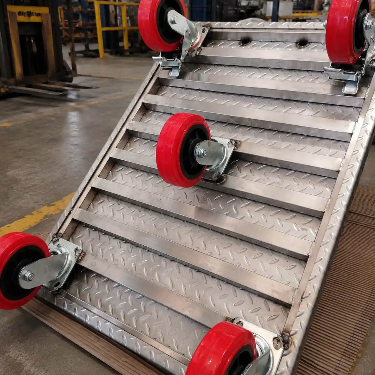 Coche de plataforma reforzado con estructura tubular y ruedas industriales de poliuretano rojo, mostrado invertido para visualizar la parte inferior en entorno industrial.