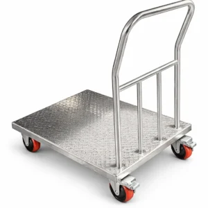 Coche plataforma de acero inoxidable con ruedas industriales para transporte de carga pesada en almacenes y cocinas industriales