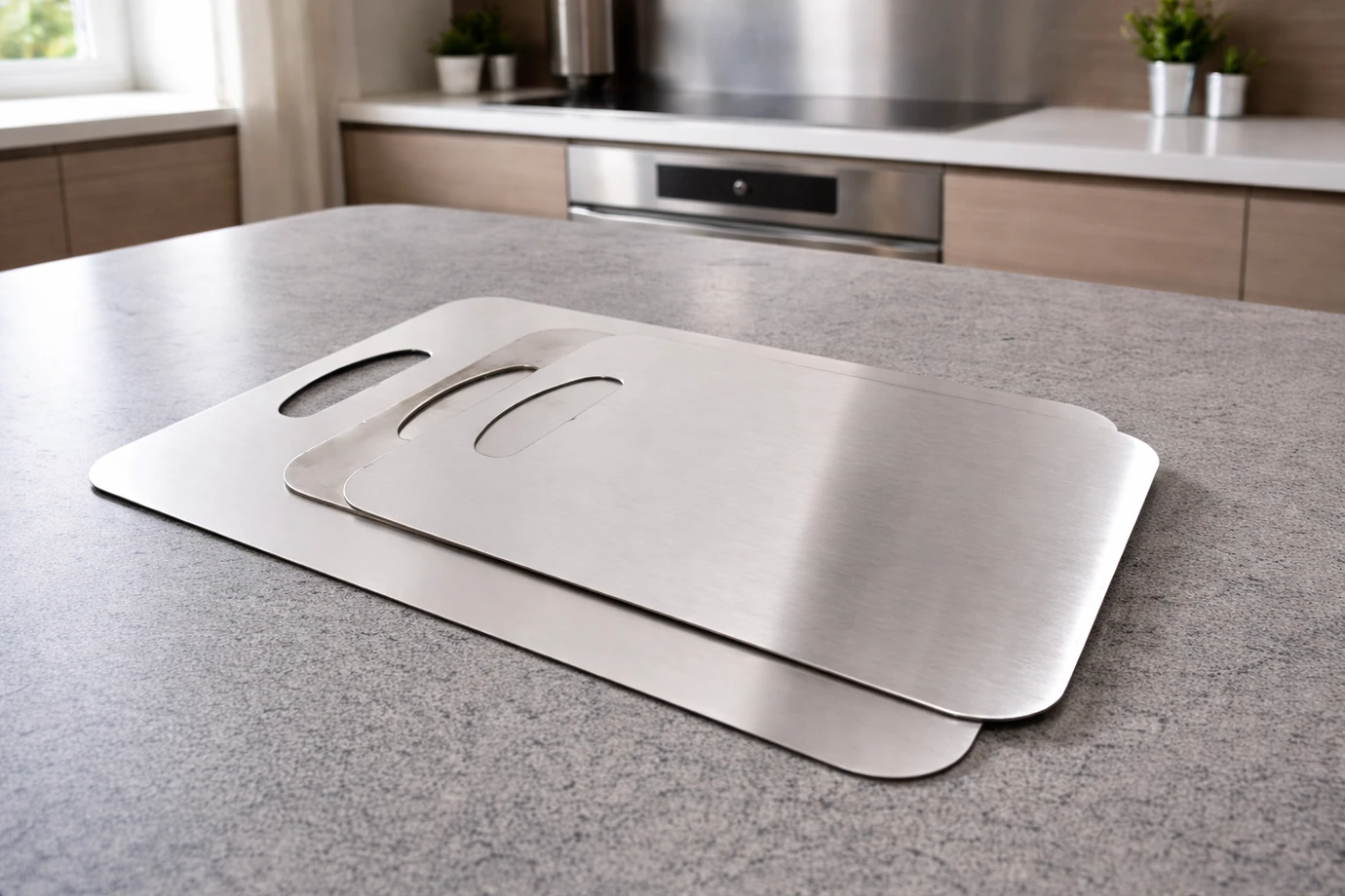 Tabla de picar de acero inoxidable sobre encimera en cocina contemporánea premium